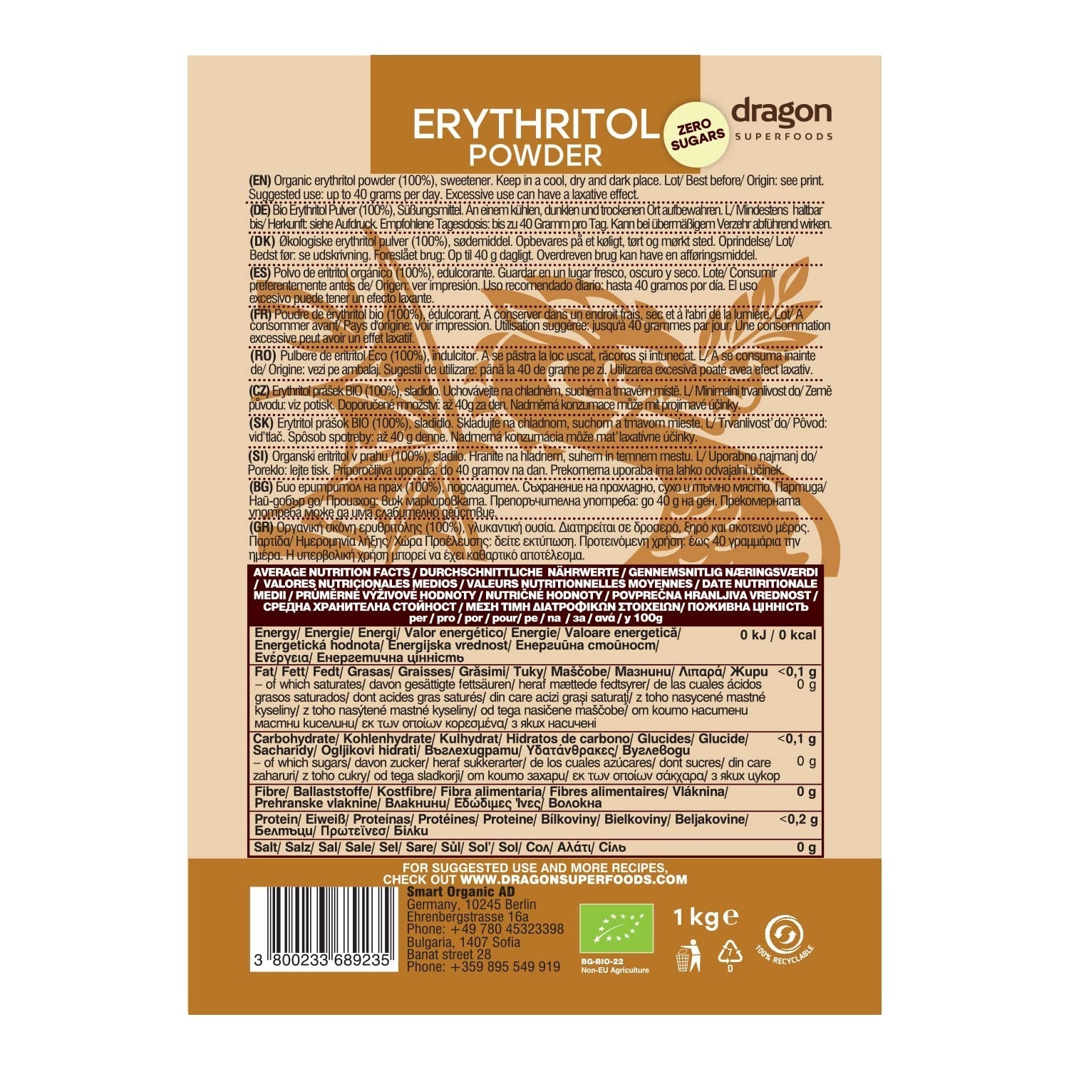 Bio Erythrit - Poudre, 100% Bio, Vegan, Null Kalorien-1Kg Édulcorants Naty Shop