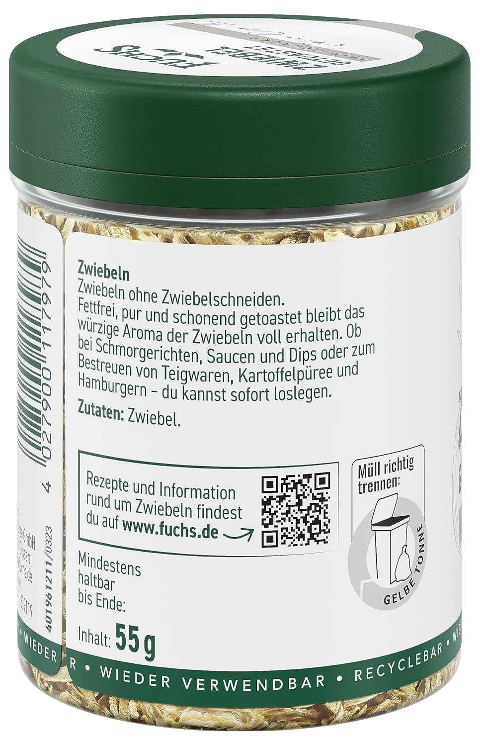 Fuchs Gewürze - Zwiebel getostat - Zwiebeln für Dips, Schmorgerichte oder Hamburger finement haché - Ingrédients naturels - 55 g dans une dose wiederverwendbarer, recyclebarer