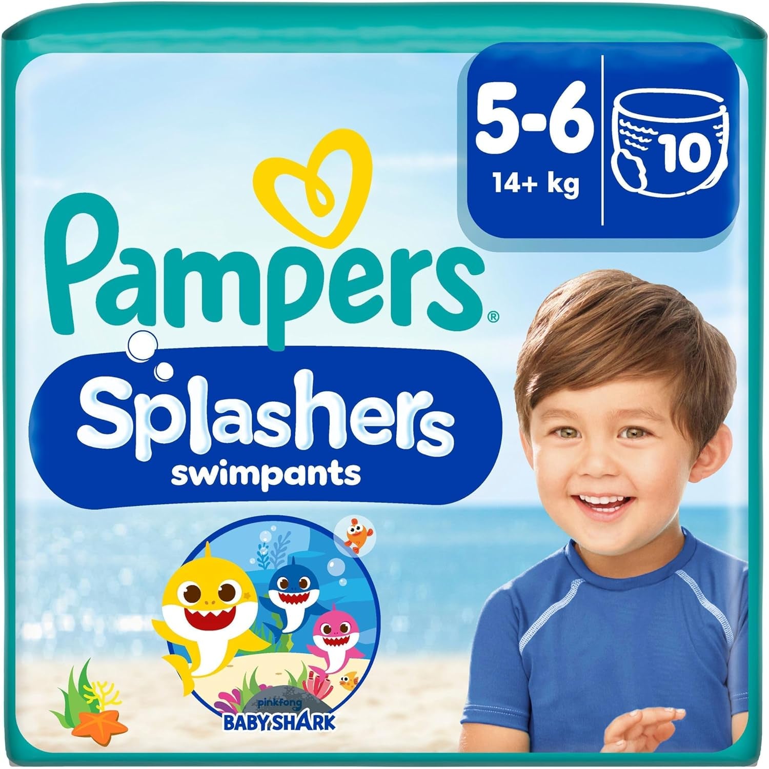 Pampers Taille 5-6 Splashers Baby Shark Édition Limitée Lot de 10 Couches de Bain Jetables pour une Protection de l'Eau Sûre
