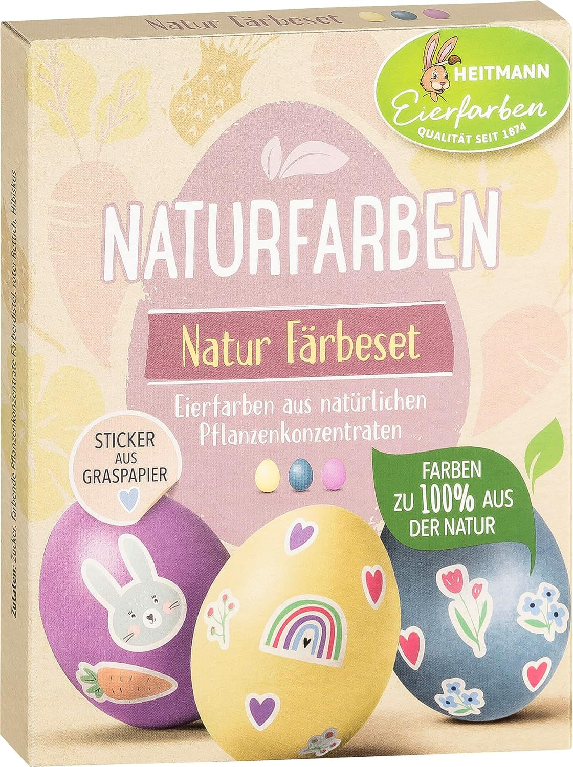 Heitmann Egg Dye Set de teinture naturelle, 3 poudres de teinture aux œufs (jaune, violet, gris-bleu), feuille d'autocollants en papier d'herbe