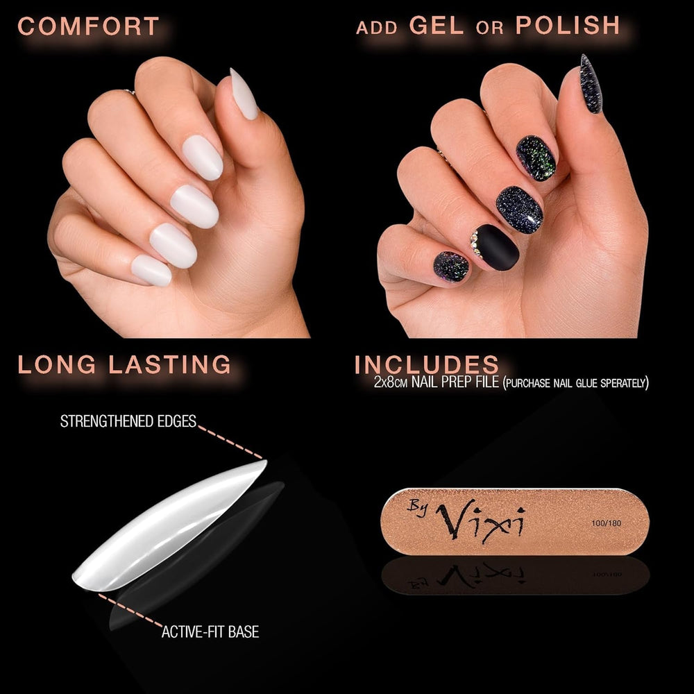 Vixi 600 Extensions d'ongles ovales courtes avec lime de préparation, 10 tailles - Couverture complète, Opaque. Pour professionnels et usage domestique.