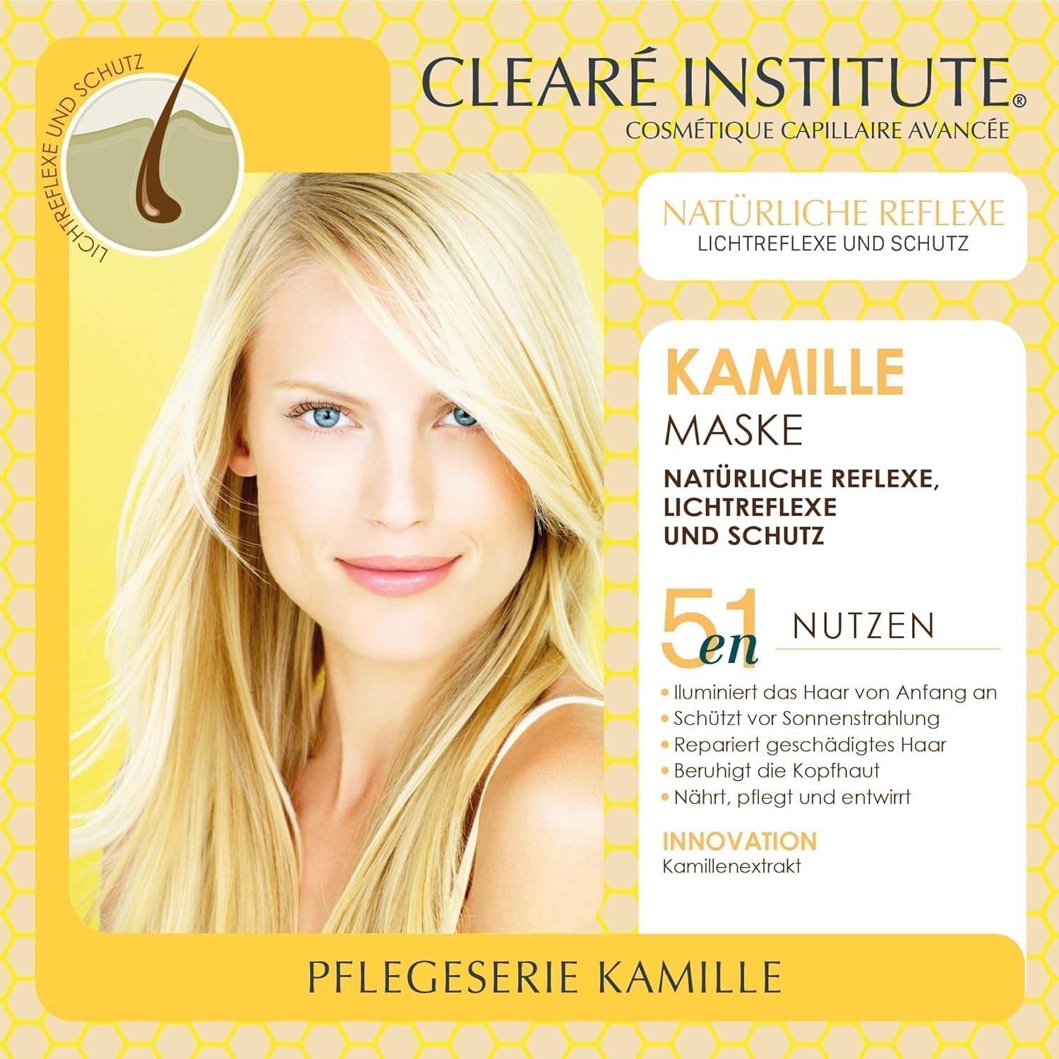 Institut Clearé | Masque à la camomille | Nourrit, conditionne et démêle | Brillance et brillance dorées | 97% d'ingrédients naturels | Apaise le cuir chevelu À l'extrait de camomille | Masque capillaire Naty Shop 150 ml