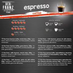 Der-Franz Espresso Kaffee, Intensité 5/5, Arabica et Robusta, Ganze Bohne, 3 x 500 g