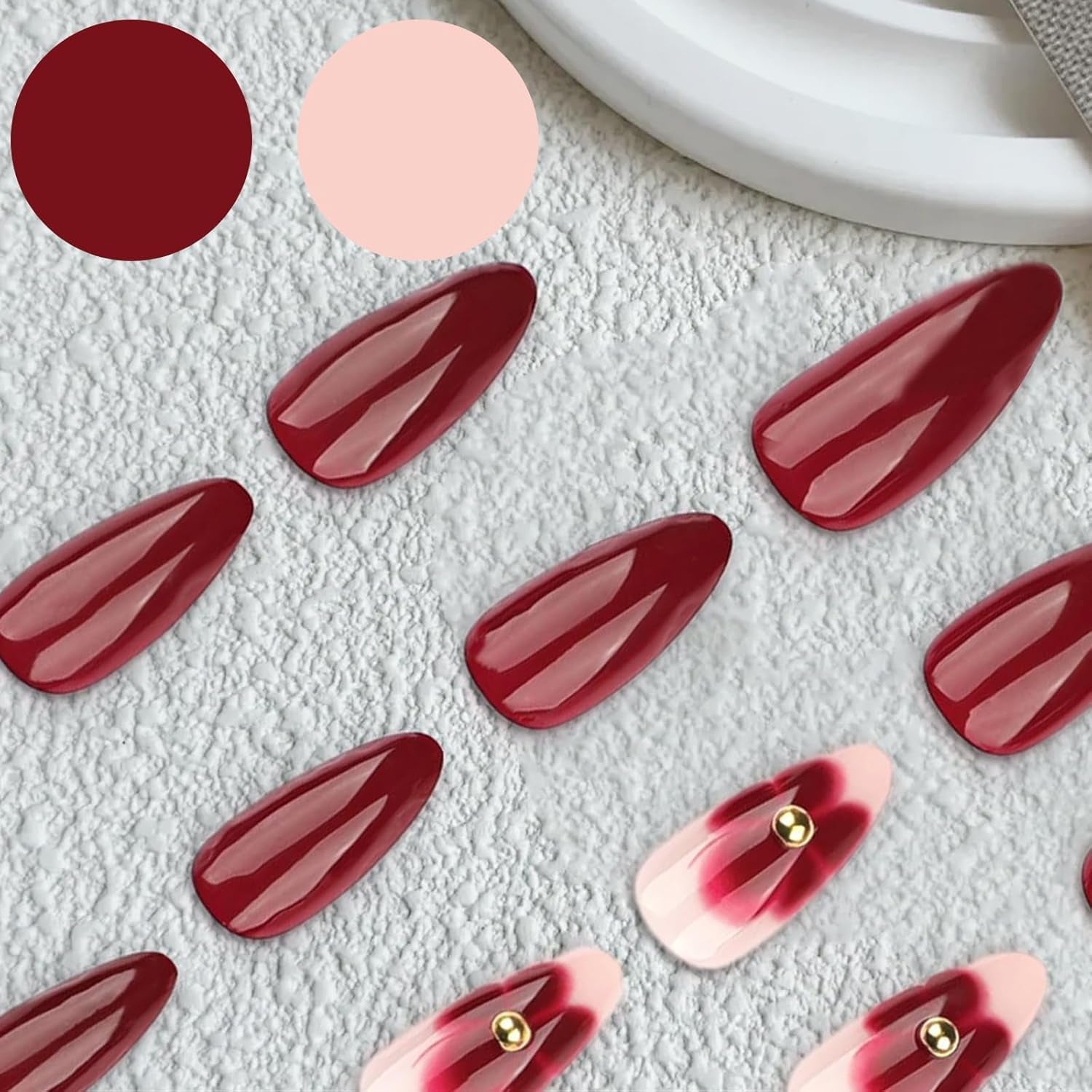 24 fleurs bordeaux avec armure de diamant, presse sur ongles, colle sur ongles artificiels, ensemble de pointes d’ongles