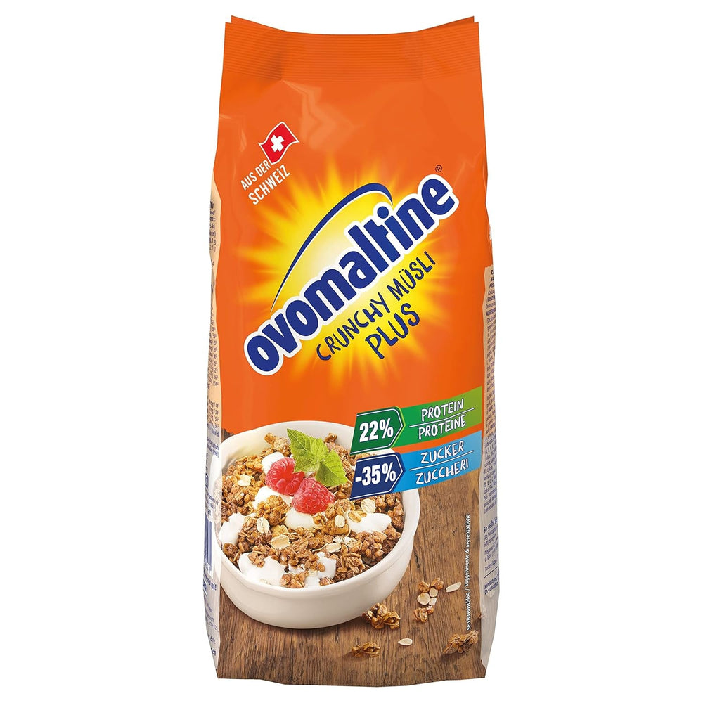 Ovomaltine Crunchy Protein Muesli Plus - Mix crocant de cereale cu fulgi de ovăz, care conține 22% proteine, cu o treime mai puțin zahăr și o crocanță incomparabilă (1 x 300g)
