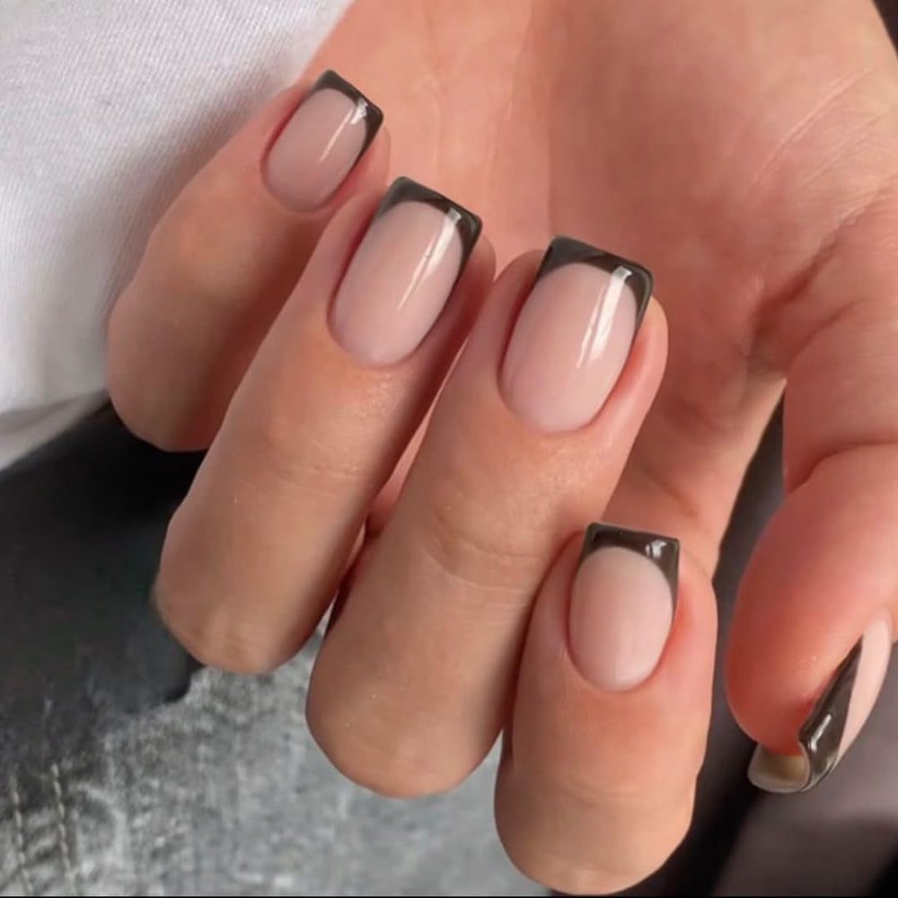 Longs conseils français colle à paillettes d'or sur les ongles longs carrés paillettes pointe française faux ongles ensemble ongles artificiels carrés pour les femmes 24 pièces