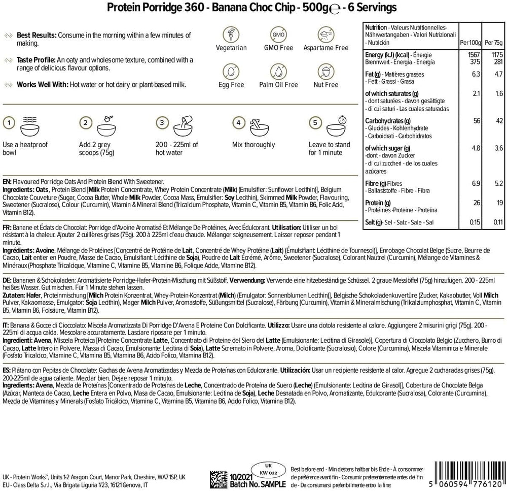 Protein Works - Porridge protéiné 360 | Mythe Vitamines et minéraux supplémentaires | Proteinreiches Frühstück | Kalorienarme Haferflocken | 6 portions | Banane-Choco-Chip | 500G Céréales Naty Shop