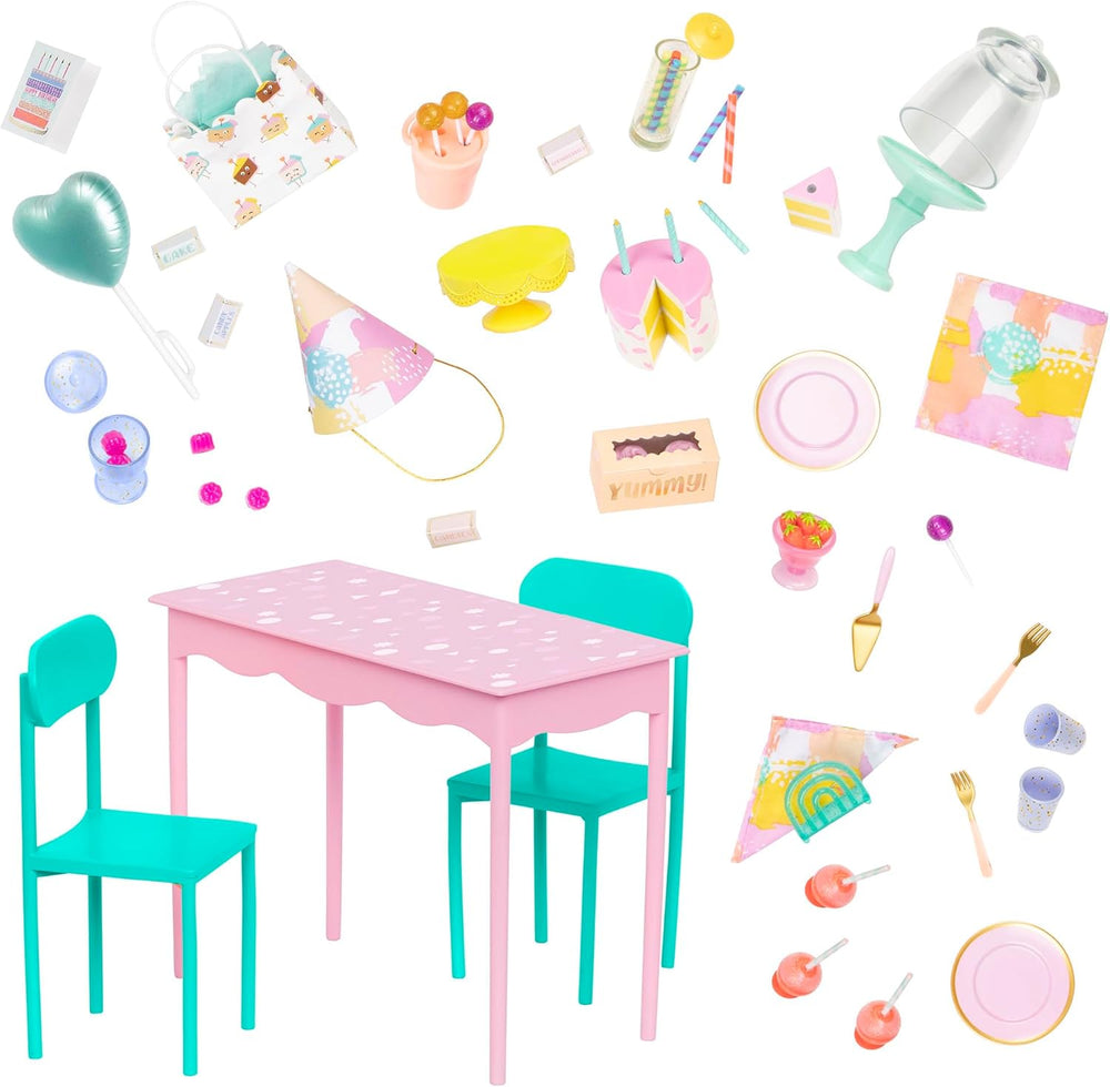 Glitter Girls - GG Surprise Birthday Party Set & Sashka - Bewegliche 36cm Puppe Sashka - Überraschungs-Geburtstagsparty-Set - Tisch & Stühle Möbel - 3 ans +