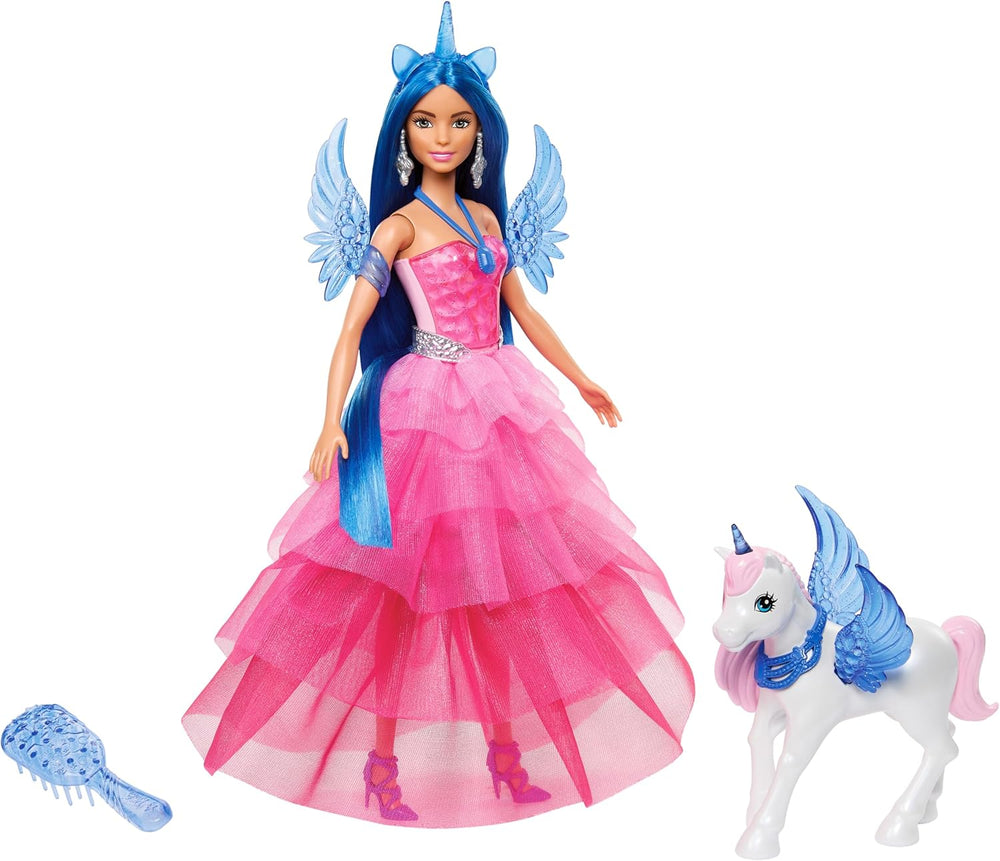 Barbie Hidden Magic - Poupée Licorne, Robe Rose avec Détails Bleu Saphir, Bandeau Licorne, Ailes et Queue Saphir Amovibles, 3 Ans et Plus, HRR16