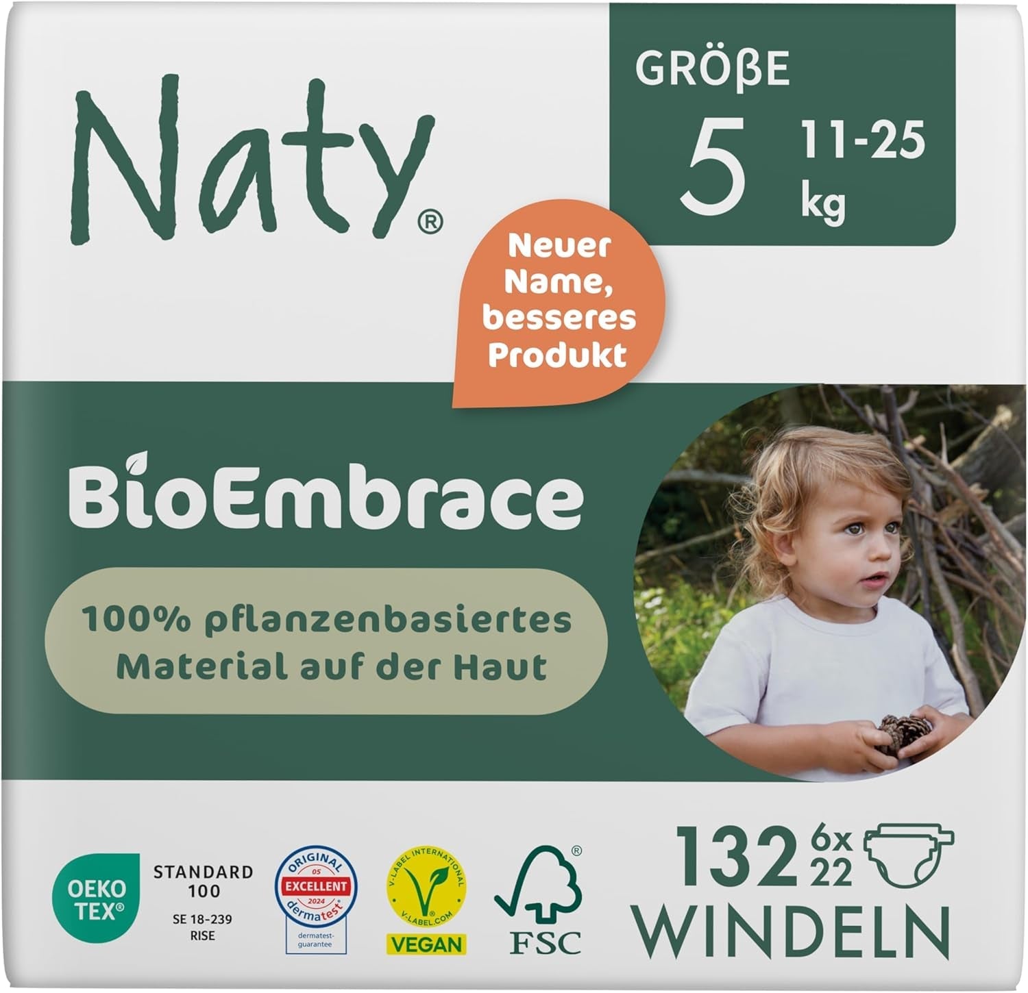 Scutece pentru bebeluși Naty BioEmbrace, mărimea 5 (11–25 kg) | 100% materiale pe bază de plante, delicate cu pielea | Moliciune respirabilă, testate dermatologic, absorbție excelentă | 80 buc.
