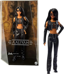 Barbie Signature Puppe, Aaliyah Sammelfigur im schwarzen Kunstleder-Outfit, inspiriert vom Musikvideo zu One in a Million, HRM80