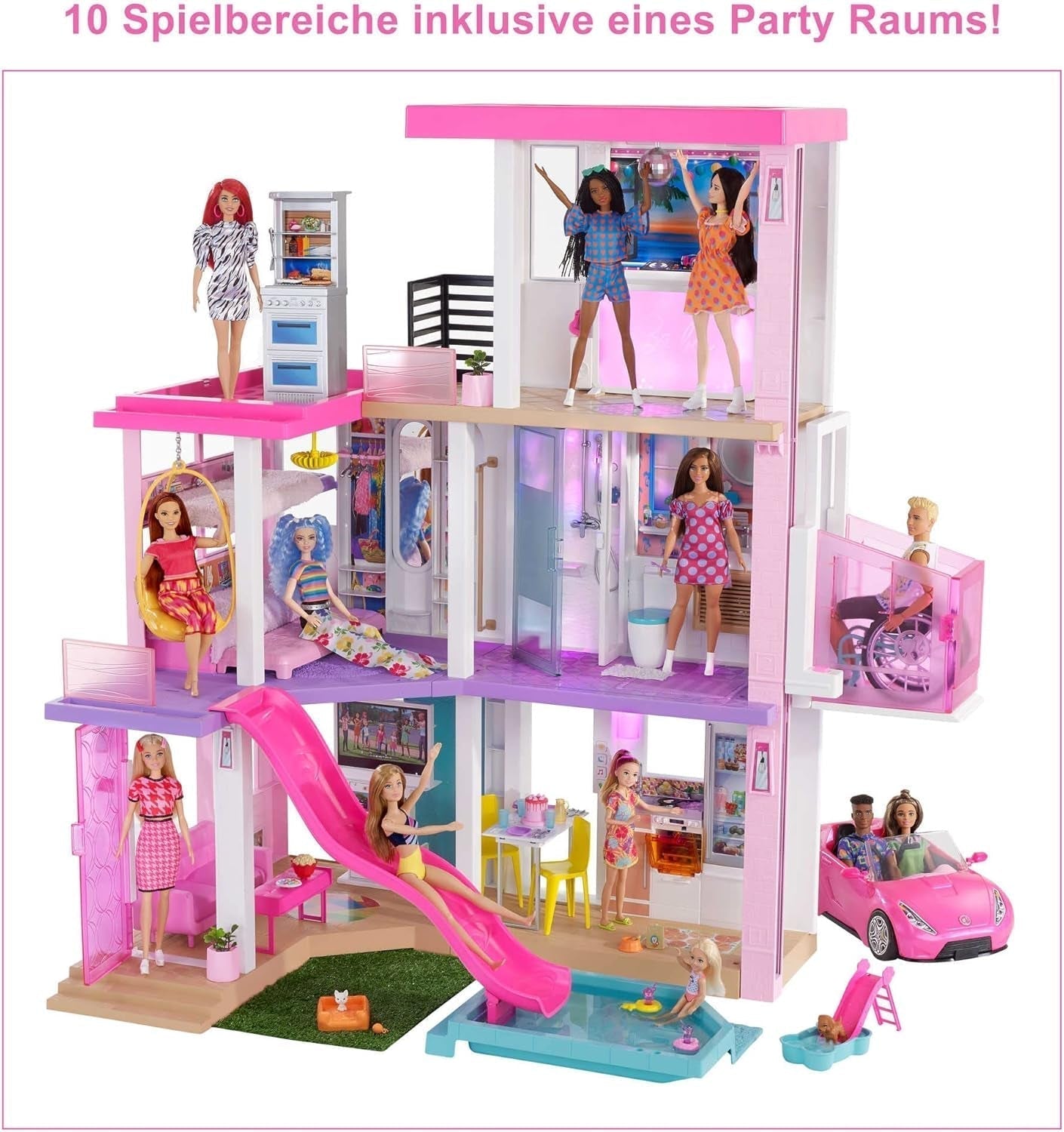 Barbie Dream House (114 cm), maison de poupée à 3 étages, piscine, toboggan, ascenseur pour fauteuil roulant, 75 accessoires, poupées, convient comme cadeau pour les enfants de 3 ans et plus, GRG93 Naty Shop Doll Houses