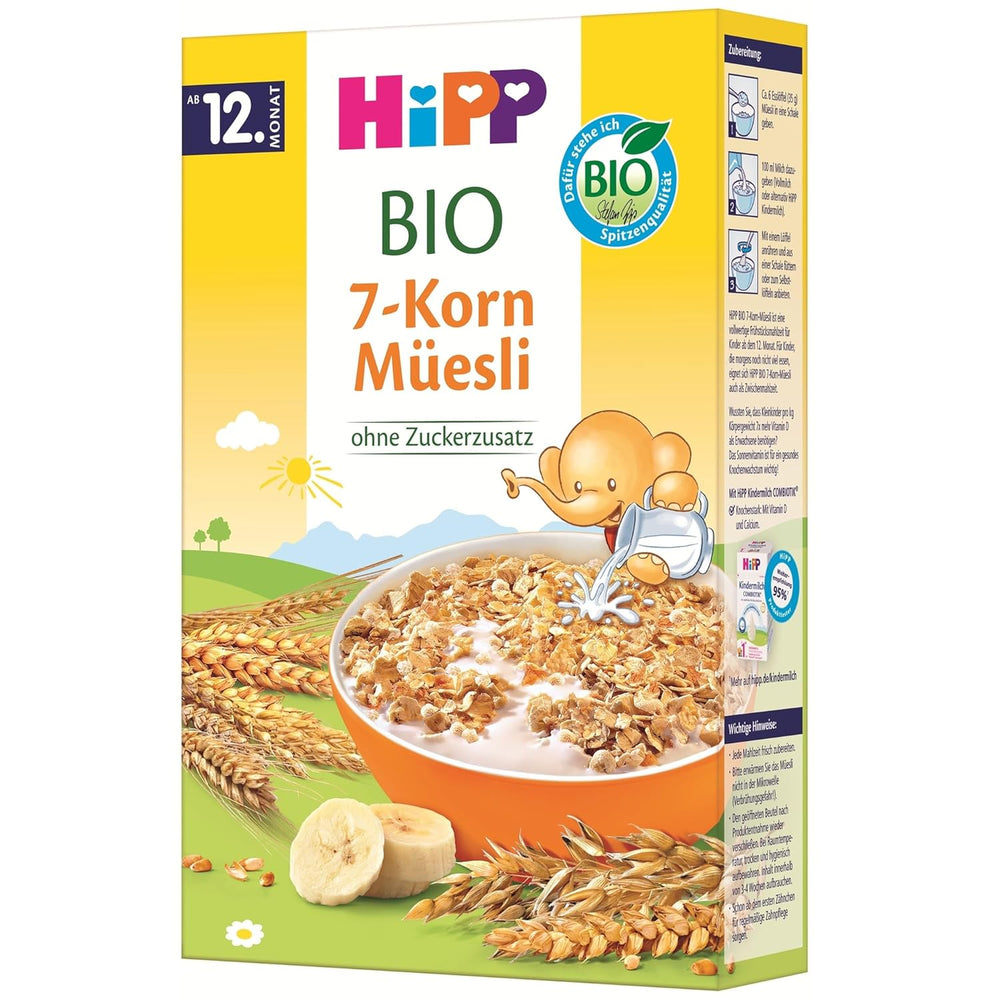 Muesli bio HiPP aux 7 grains (8 x 200g), à partir de 12 mois, sans sucre ajouté, morceaux extra fins - facile à mâcher, meilleure qualité bio