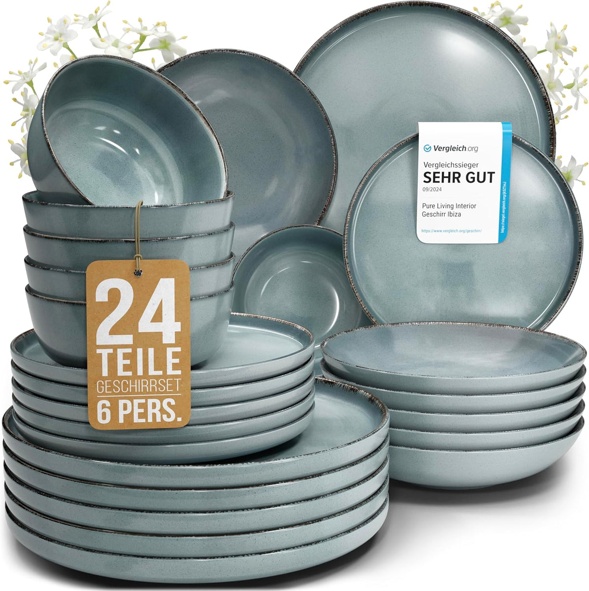 Steingut Geschirrset 6 Personen Rustique 24 tlg. TESTSIEGER, Hochwertiges Landhaussttil Steingut Geschirr Set, Schüssel- und Teller Set, Tafelservice 6 Personen, Geschirrsets Pure Living à Rauchblau