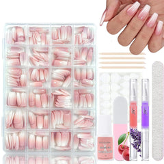 Ensemble de faux ongles ballerine dégradé 360 pièces, ongles artificiels à coller dégradé blanc rose avec 2 stylos à huile pour ongles, faux ongles moyens ombrés pour femmes à faire soi-même