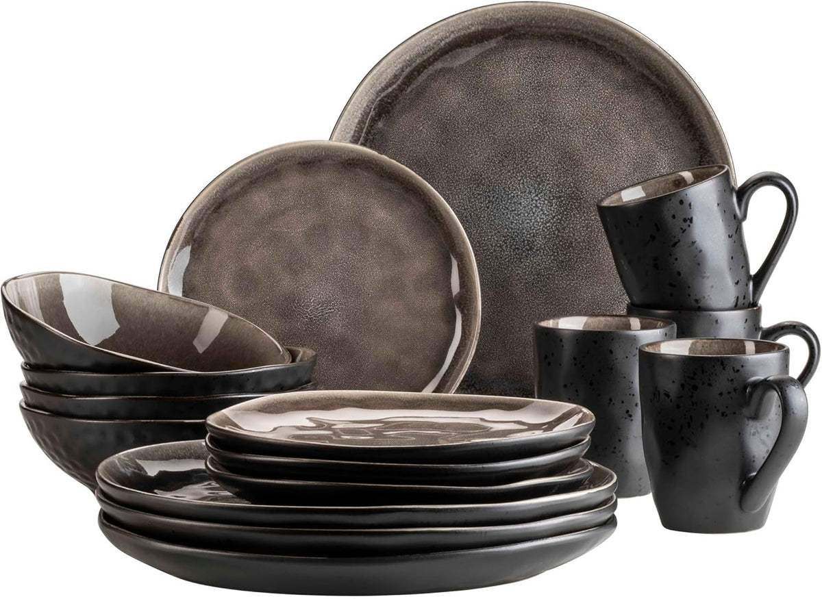 MÄSER 934073 Niara Organic Series Service de table moderne pour 4 personnes au look vintage passionnant, service combiné de 16 pièces avec une combinaison spéciale de vernis noir et marron, grès