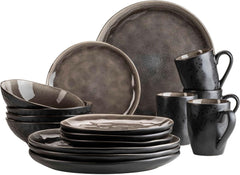MÄSER 934073 Niara Organic Series Service de table moderne pour 4 personnes au look vintage passionnant, service combiné de 16 pièces avec une combinaison spéciale de vernis noir et marron, grès