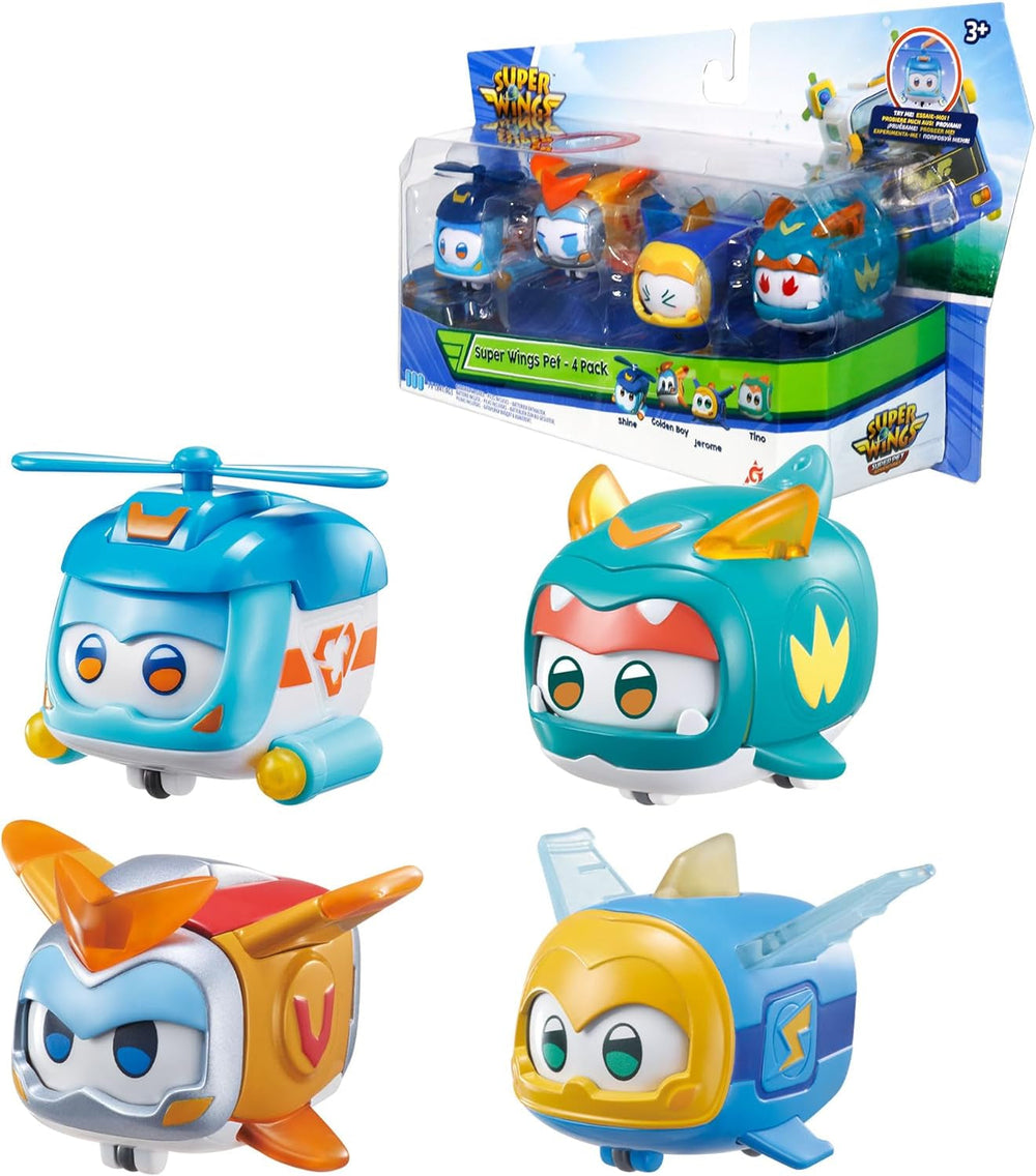 Super Wings Super Pets 4 PCS Shine, Golden Boy, Jerome, Ellie Expression faciale commutable Effet foudre Jouet portable pour 3 4 5 6 7 8 ans Garçon Fille Figurines d'action 2 pouces Naty Shop 4 Pack B
