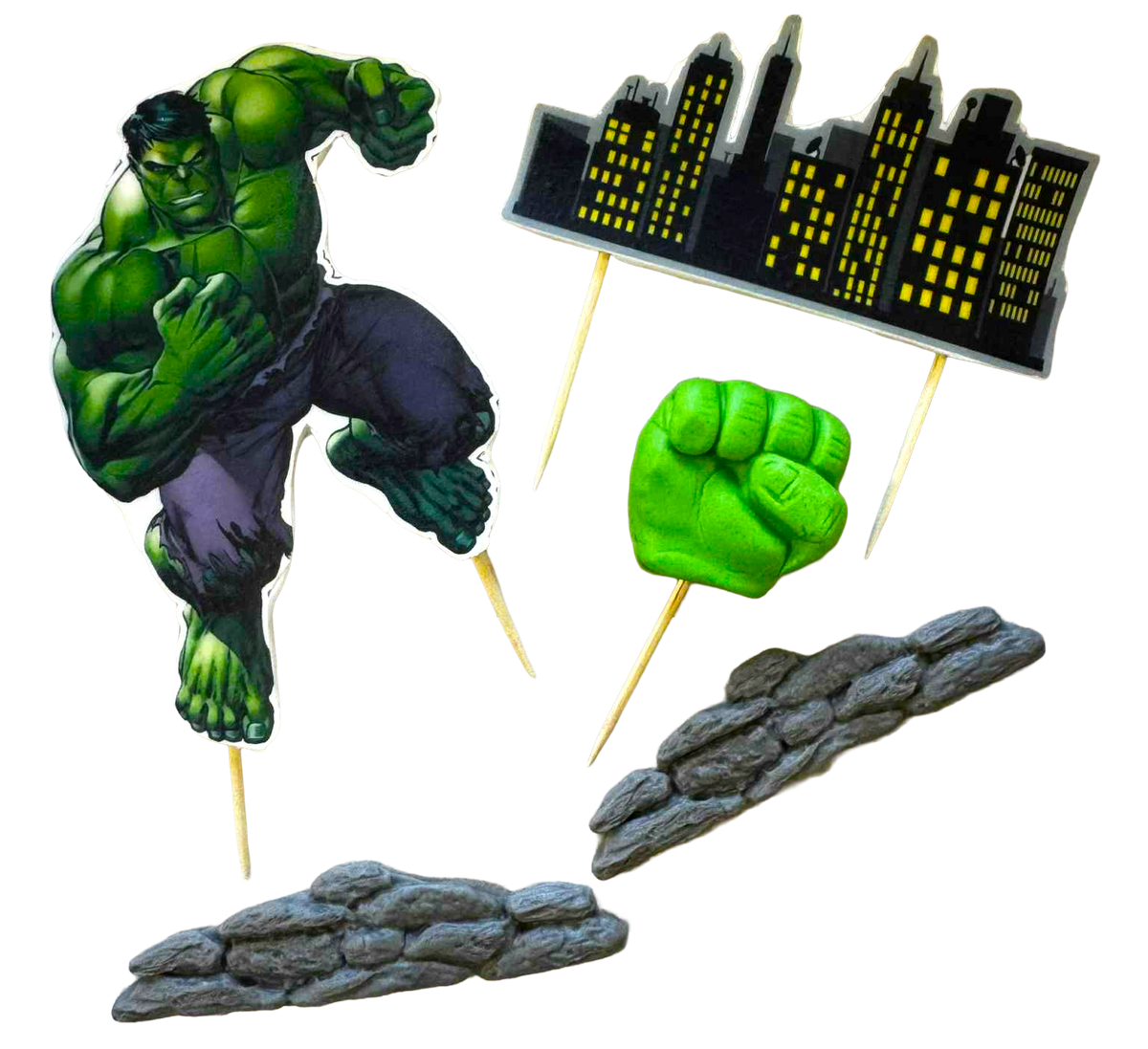 Décorations Comestibles Hulk - Lot de 5 Pâtes à Sucre Tailles Entre 2,5 et 11 Cm