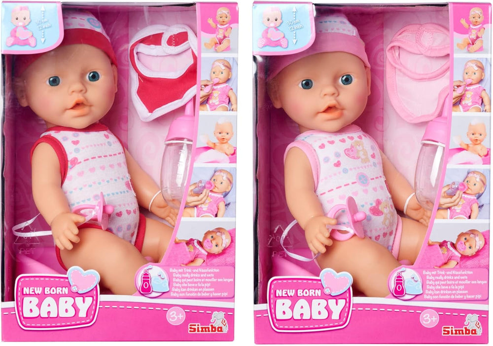 Simba 105037800 - New Born Babyset, 2-fach sortiert, es wird nur ein Artikel geliefert, Vollvinylpuppe mit Trink- und Nässfunktion, Schnuller, Flasche, Topf und Lätzchen, 30cm, ab 3 Jahren