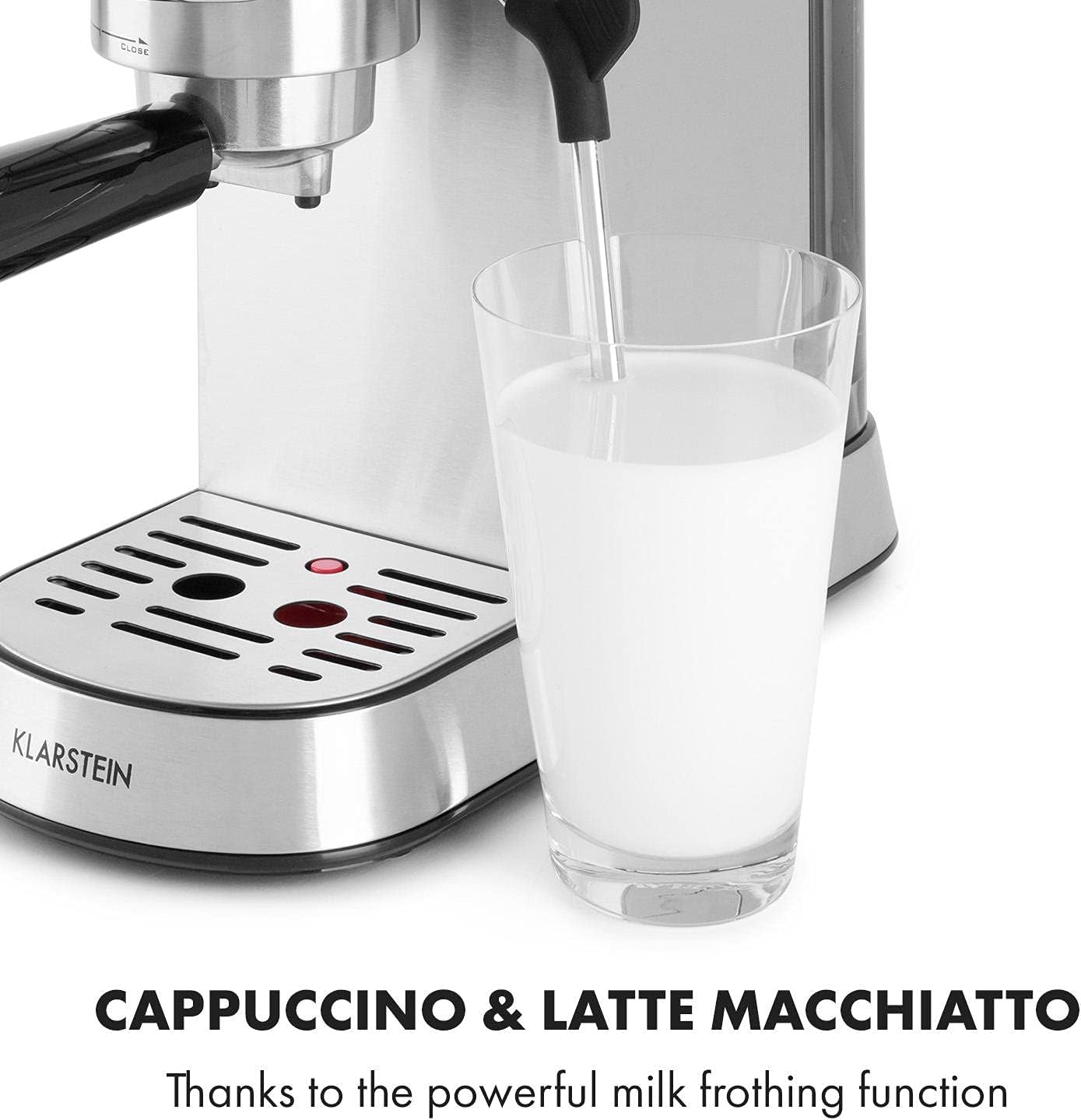 Klarstein Futura Machine à expresso, machine à expresso à filtre portable, 1450 W, 20 bars, qualité Barista, double buse, arrêt de débit, machine à expresso à filtre portable, fonction mousseur à lait, argent