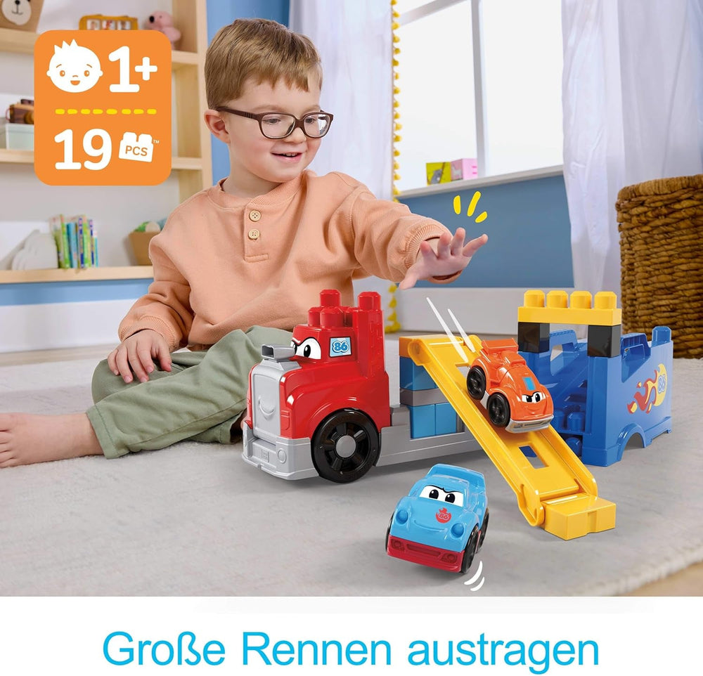 MEGA BLOKS-Bausteine Bausteinset für Kleinkinder, Fast Tracks Rennwagen-Transporter mit 19 Teilen, 2 Rennautos und Aufbewahrung, rot, ab 1 Jahr, JFR29