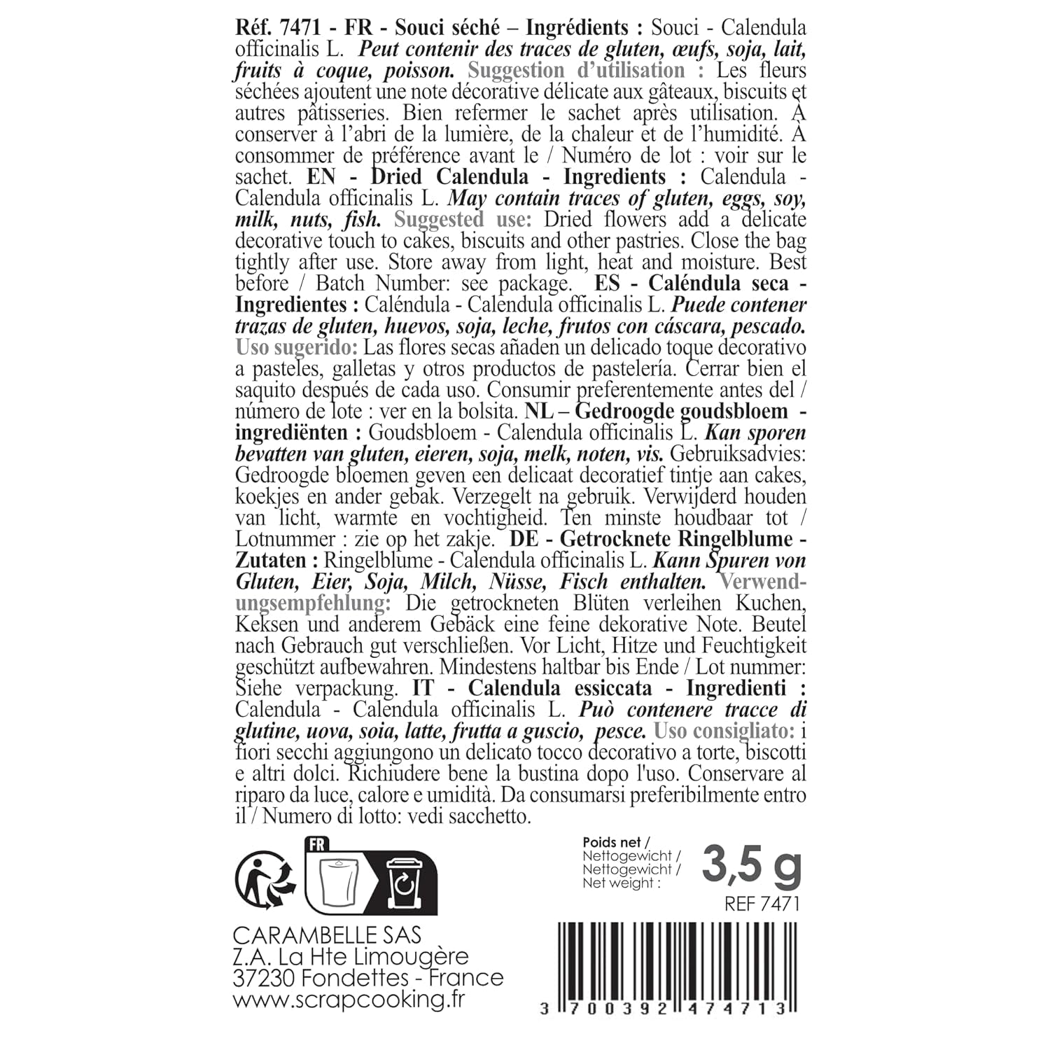 ScrapCooking - Soucis séchés 3,5 g - Fleurs comestibles - Décorations alimentaires pour pâtisserie - Pour desserts, gâteaux, tartes, muffins - Noël, printemps, anniversaire - Jaune doré - 7471