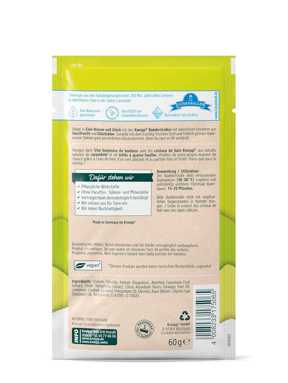 Kneipp, cristaux de bain, aux extraits naturels de carambole et de trèfle porte-bonheur, avec une forte proportion de sel de Luisenhaller, 60 grammes Douche et bain Naty Shop