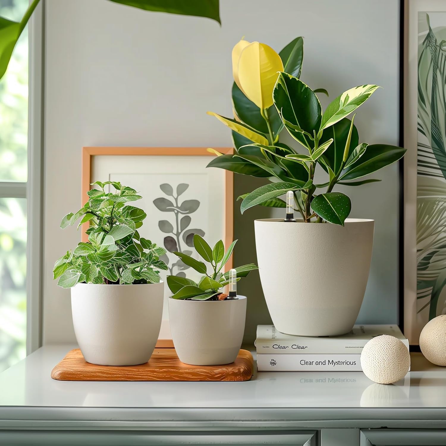 Ghiveci de flori T4U de 15 cm cu auto-udare și indicator de apă, alb, set de 4 ghivece, rezervor de apă cu auto-udare, pentru interior și exterior