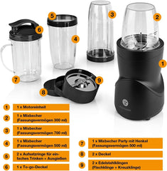 Machine à smoothie 12 pièces | Boîtes à emporter et 4 mélangeurs | Pour Obst, Gemüse & Nüsse | Fonction Mythe Ice-Crush | Mini-batteur sur socle Zum Mixen, Rühren, Zerkleinern, Mahlen, Hacken & Pürieren | Cuisine sans BPA Naty Shop