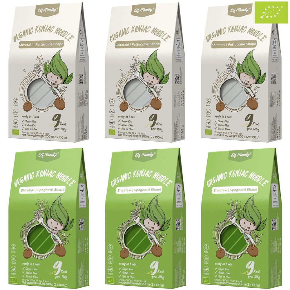 Elf-Family 6 boîtes (12 pièces) de nouilles shirataki de konjac biologiques ultra faibles en glucides végétaliennes sans gluten - 1,62 kg, sans glucides/céto/faible en calories/sans gras/sans sucre nouilles instantanées - Spaghetti et fettuccine