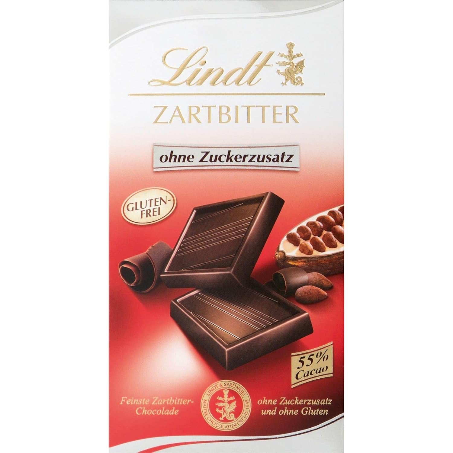 Chocolat Lindt | Tablette de chocolat noir sans sucre ajouté | 100g | Le meilleur chocolat noir avec 55% de cacao, sans sucre ajouté et sans gluten | Tablette de chocolat sans gluten