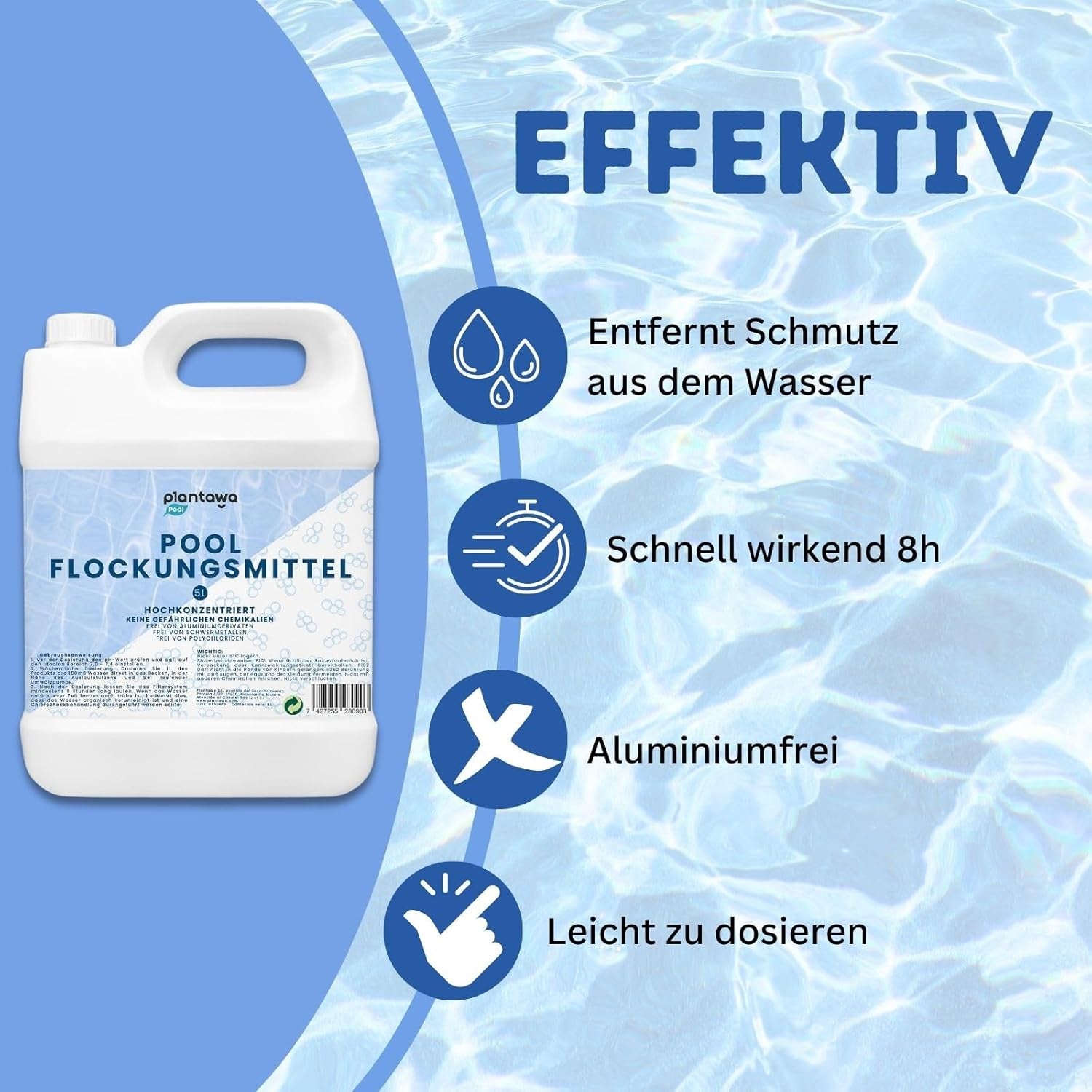 Floculant piscine 5L | Floculant de piscine pour une eau cristalline | Très concentré et économique | Convient à tous les systèmes de filtration | Aucun additif nocif