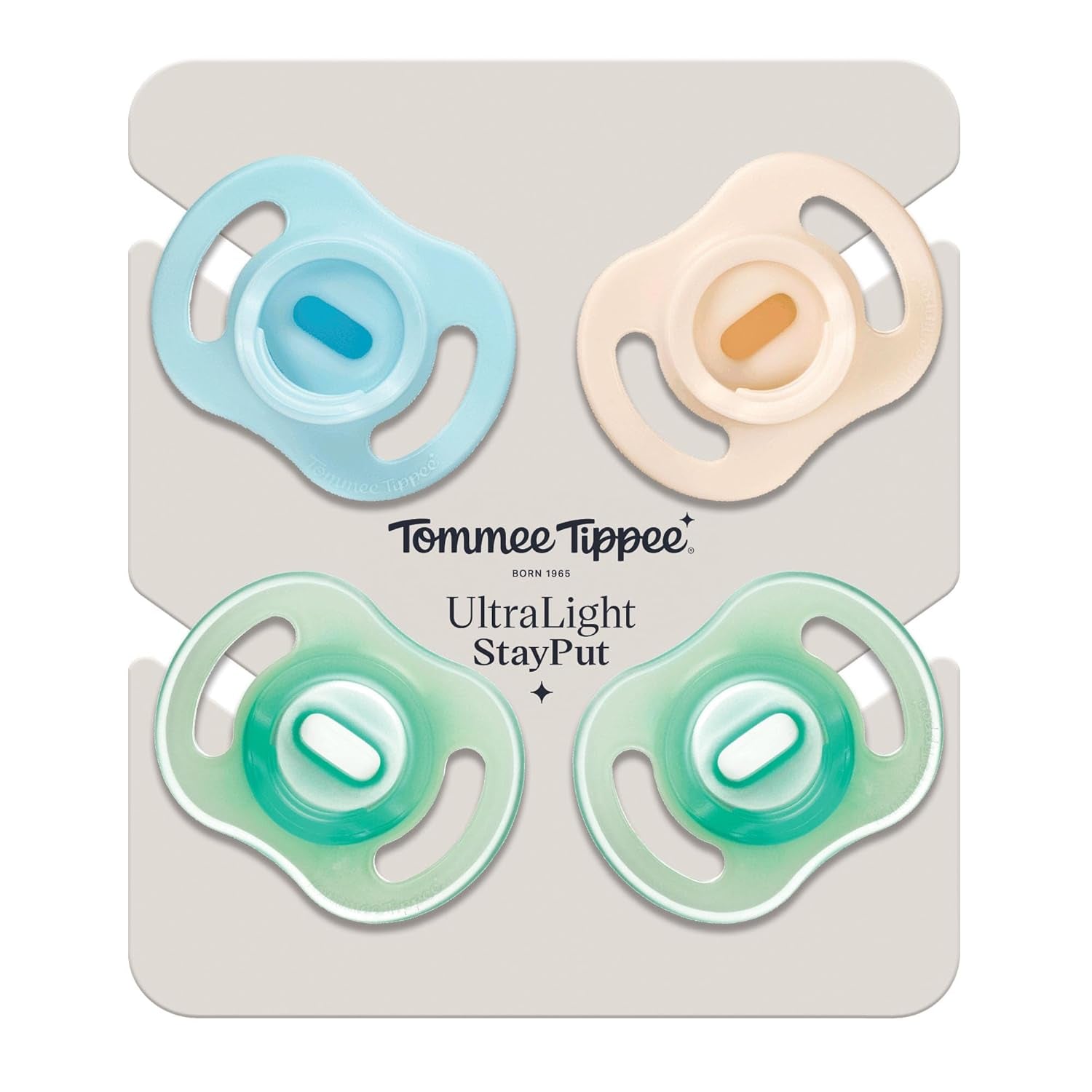 Tommee Tippee Sucettes ultra légères StayPut et Night Glow, 0 à 6 mois, paquet de 4, conception en silicone monobloc, sensation douce sur la peau