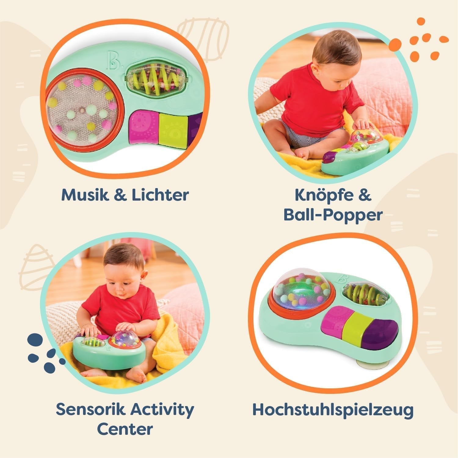 B.toys - Jouet enfant pour chaise haute - Jouet ventouse avec musique, lumières, sons - Jouet sensoriel - Jouet d'activité motrice pour enfant - à partir de 6 mois - Whirly Pop Baby Toys Naty Shop