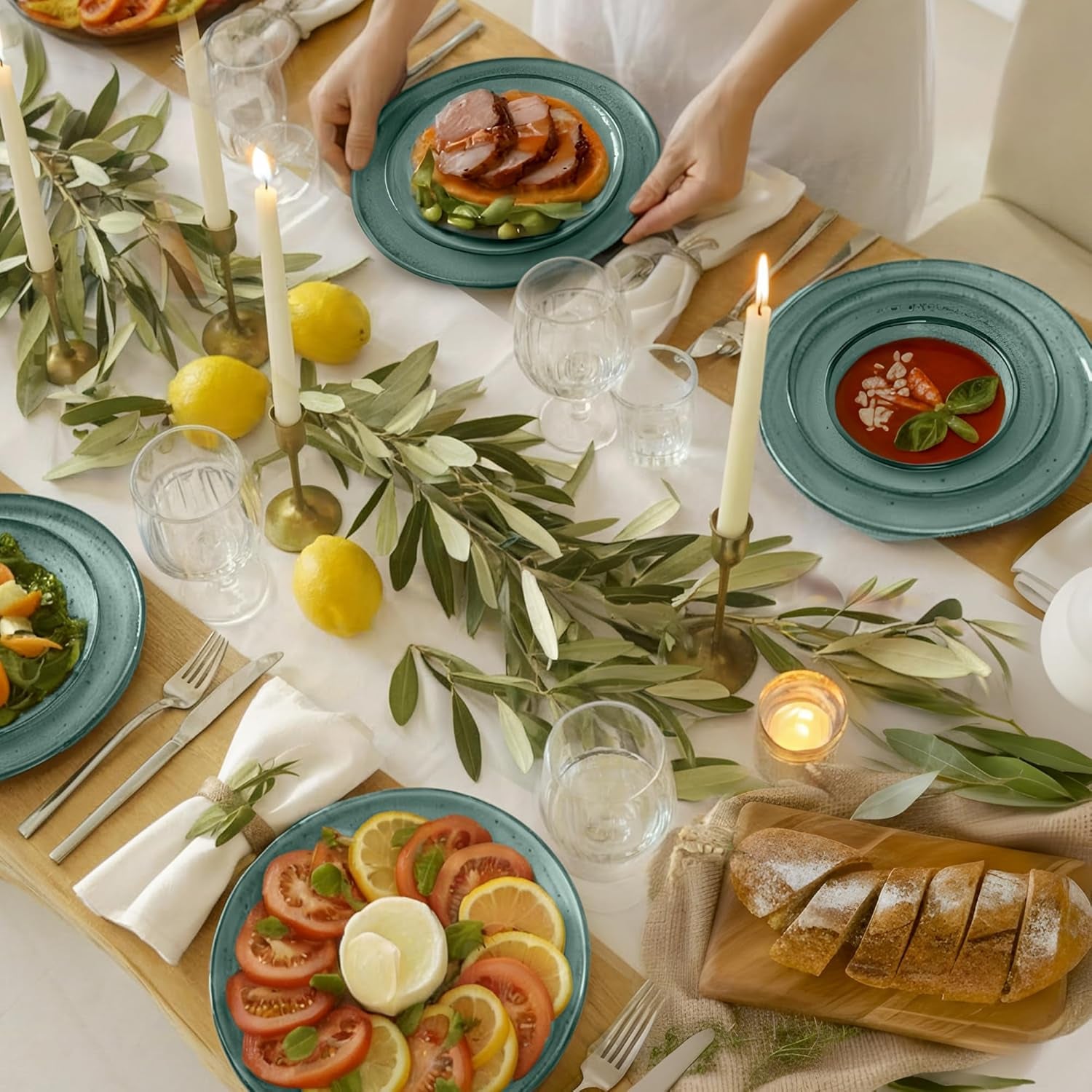 Twinzee Service de table en grès 24 pièces pour 6 personnes – Ensemble bol et assiette – Grès allant au micro-ondes – Collection Riviera