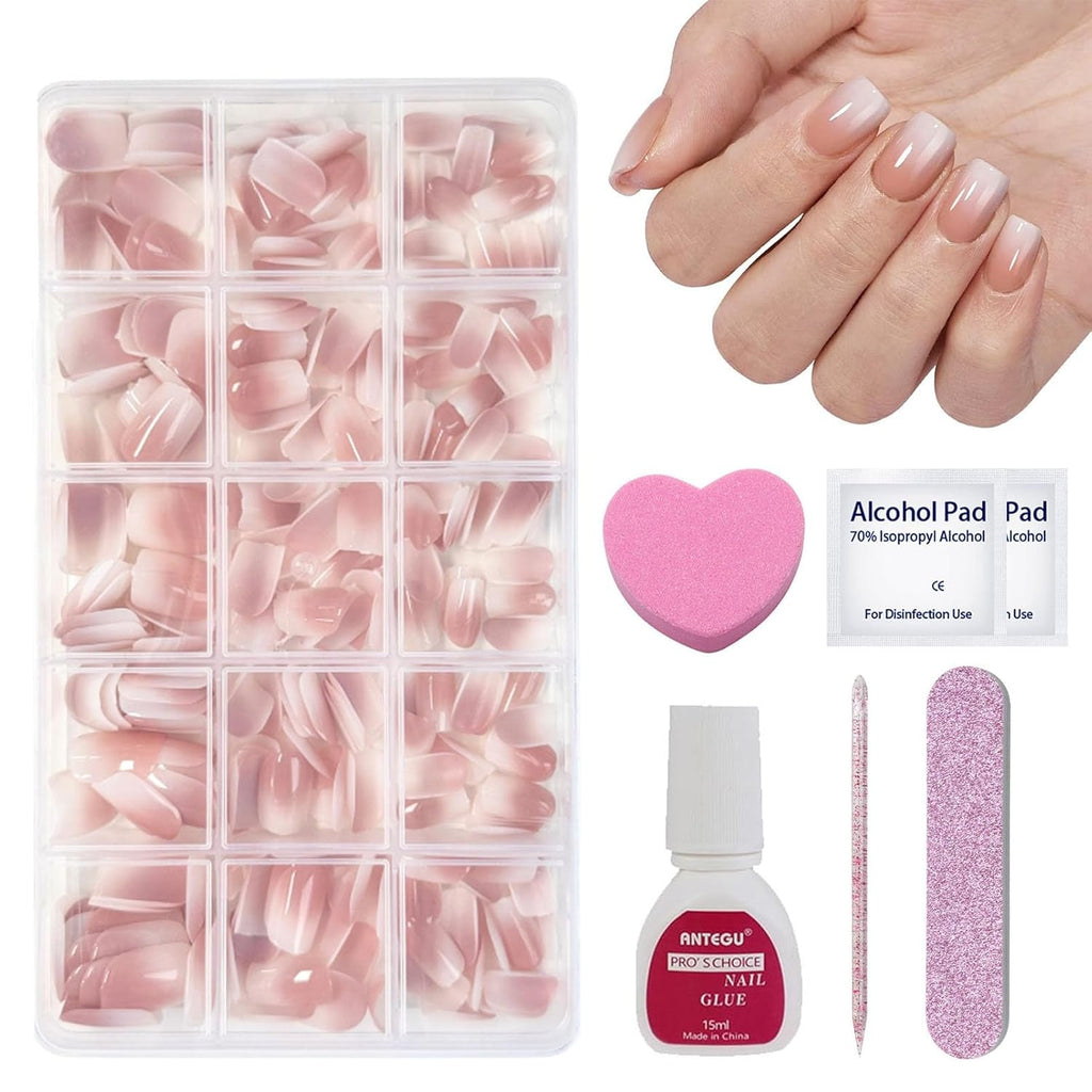Set de 240 de bucăți pentru unghii false scurte - Unghii false artificiale naturale scurte pentru lipit - Unghii artificiale cu gradient nud pentru extensii de unghii cu cutie (gradient nud)