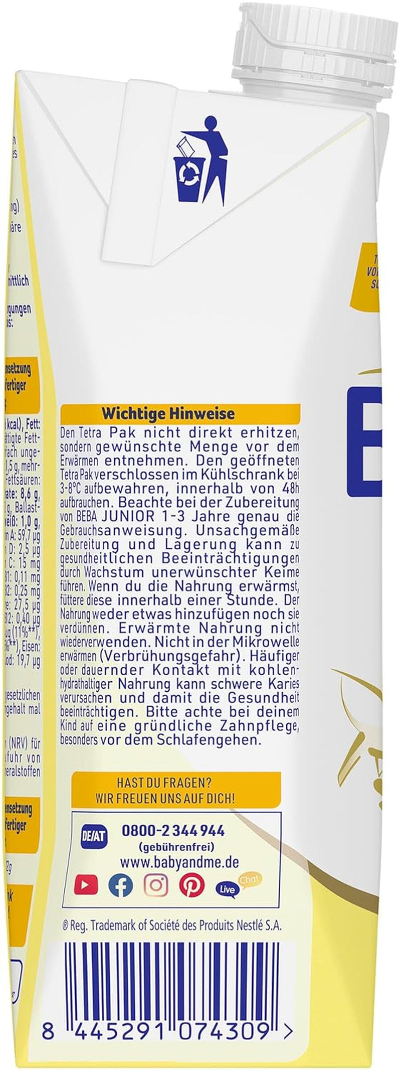 BEBA Junior Boisson lactée prête à boire 1-3 ans, avec HMO, teneur en protéines adaptée à l'âge, sans huile de palme, sans huile de poisson, nourriture pour tout-petits, paquet de 12 (12 x 500 ml)
