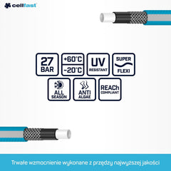 Set furtun de grădină Cellfast Ideal, robust, flexibil, cu 4 straturi, aspersor, rezistent la UV și alge, tehnologie Reach, 27 bar, -20/+60° pe termen scurt, 1/2 inch, 20 m