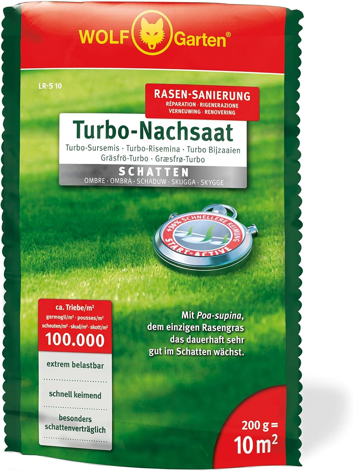 Wolf-Garten Turbo-Nachsaat „SCHATTEN“ Zur Rasensanierung LR-S 50 (Für 50 M², Hohe Dichte Mit Ca. 100.000 Trieben/M², Speziell Auf Schattige Lagen, Mit Wolf-Garten Keimgarantie, Im 1Kg Karton) 3826636