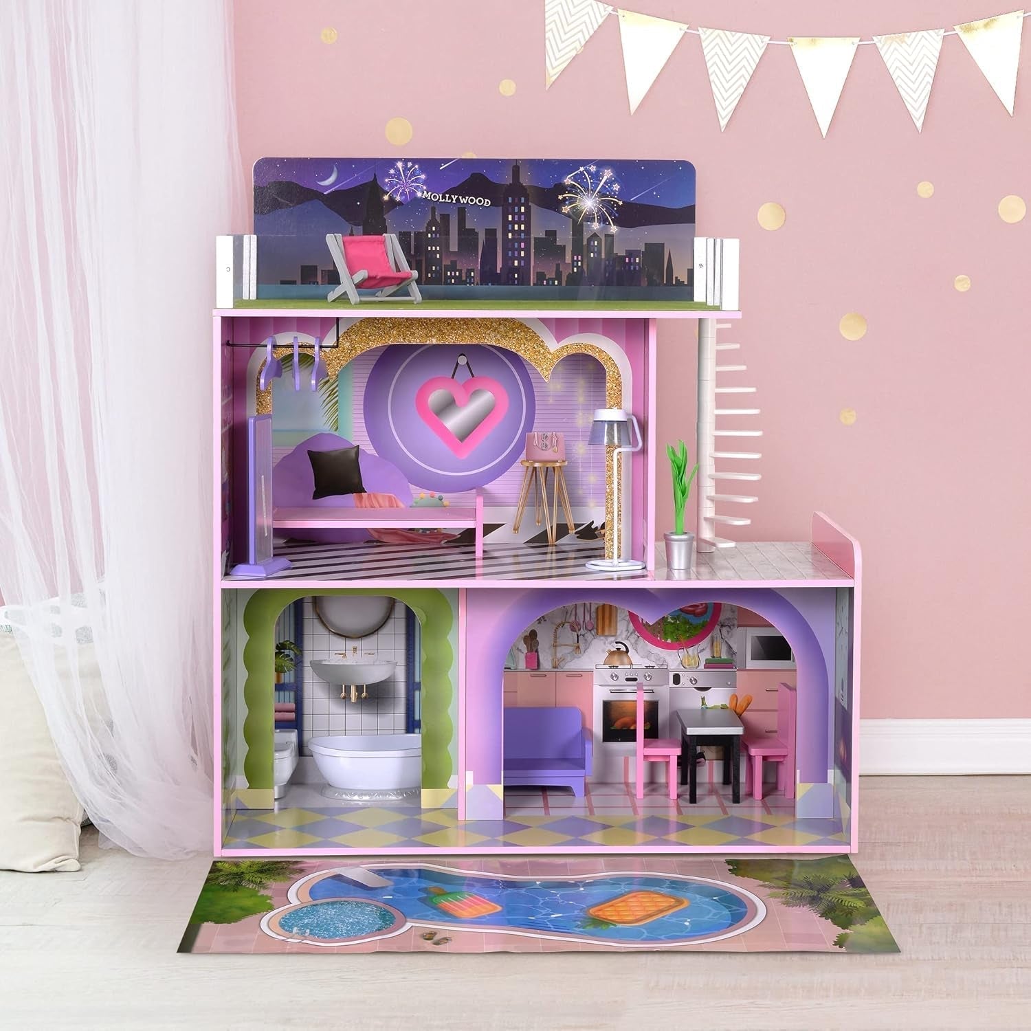 Olivia's Little World Big Dreamland Sunset Maison de poupée interactive en bois pour enfants contemporaine 3 étages avec 16 accessoires de meubles de poupée Multi TD-13616A Maisons de poupées Naty Shop