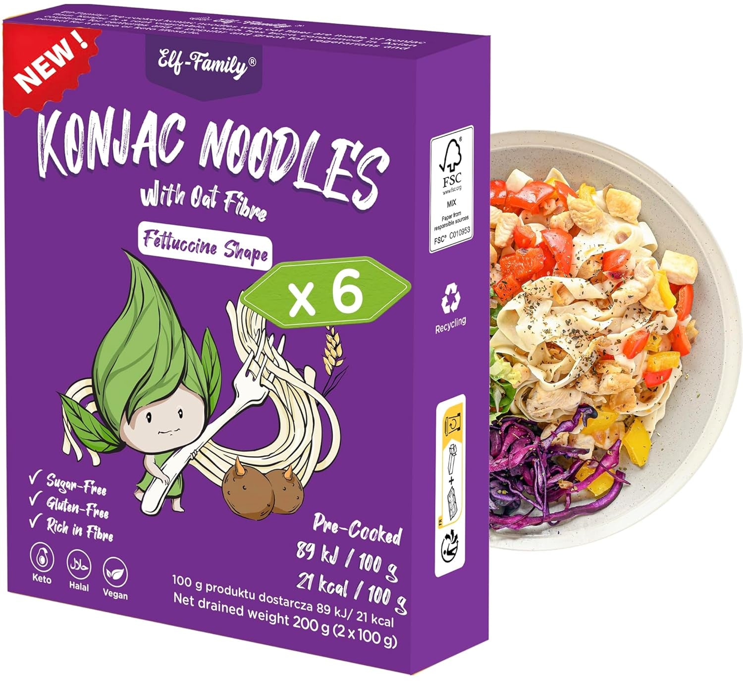Nouilles Konjac de qualité supérieure de Thaïlande, végétaliennes, sans gluten – 240 g x paquet de 6 (12 paquets), nouilles Shirataki de la famille Elf, nouilles instantanées, pâtes/céto/faible teneur en glucides/faible teneur en calories/sans sucre – Spaghetti et fettuccine