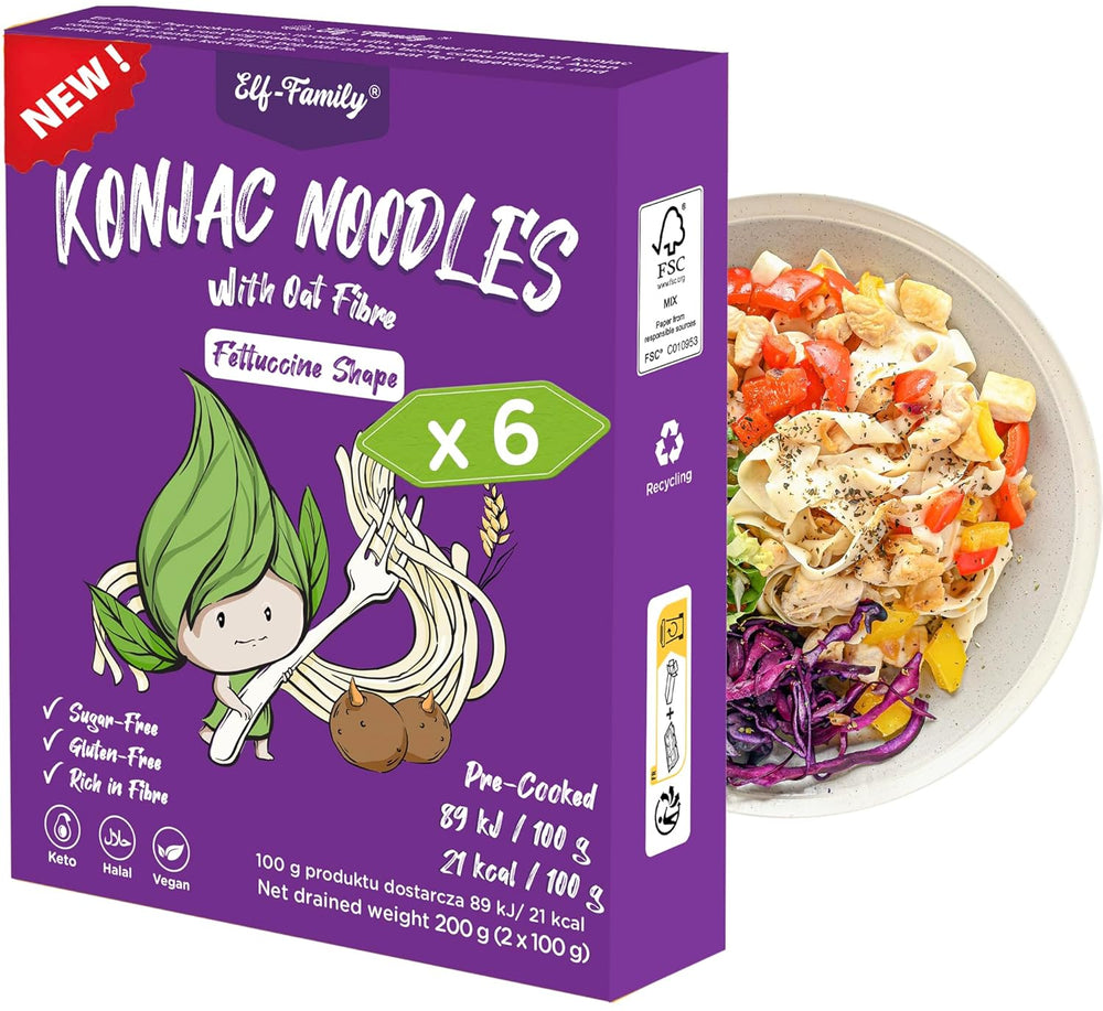 Nouilles Konjac de qualité supérieure de Thaïlande, végétaliennes, sans gluten – 240 g x paquet de 6 (12 paquets), nouilles Shirataki de la famille Elf, nouilles instantanées, pâtes/céto/faible teneur en glucides/faible teneur en calories/sans sucre – Spaghetti et fettuccine