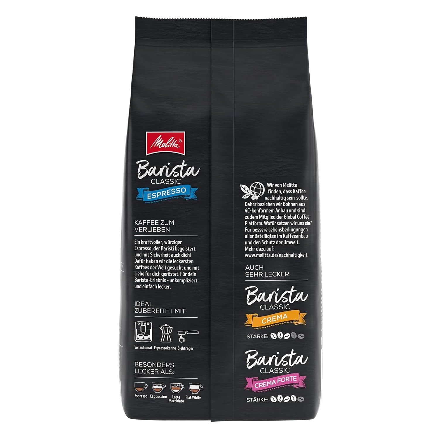 Melitta Barista Classic Crema & Barista Classic Espresso, Cafés entiers 1kg, ungemahlen, Kaffeebohnen für Kaffee-Vollutomat, kräftige Röstung, Stärke 5
