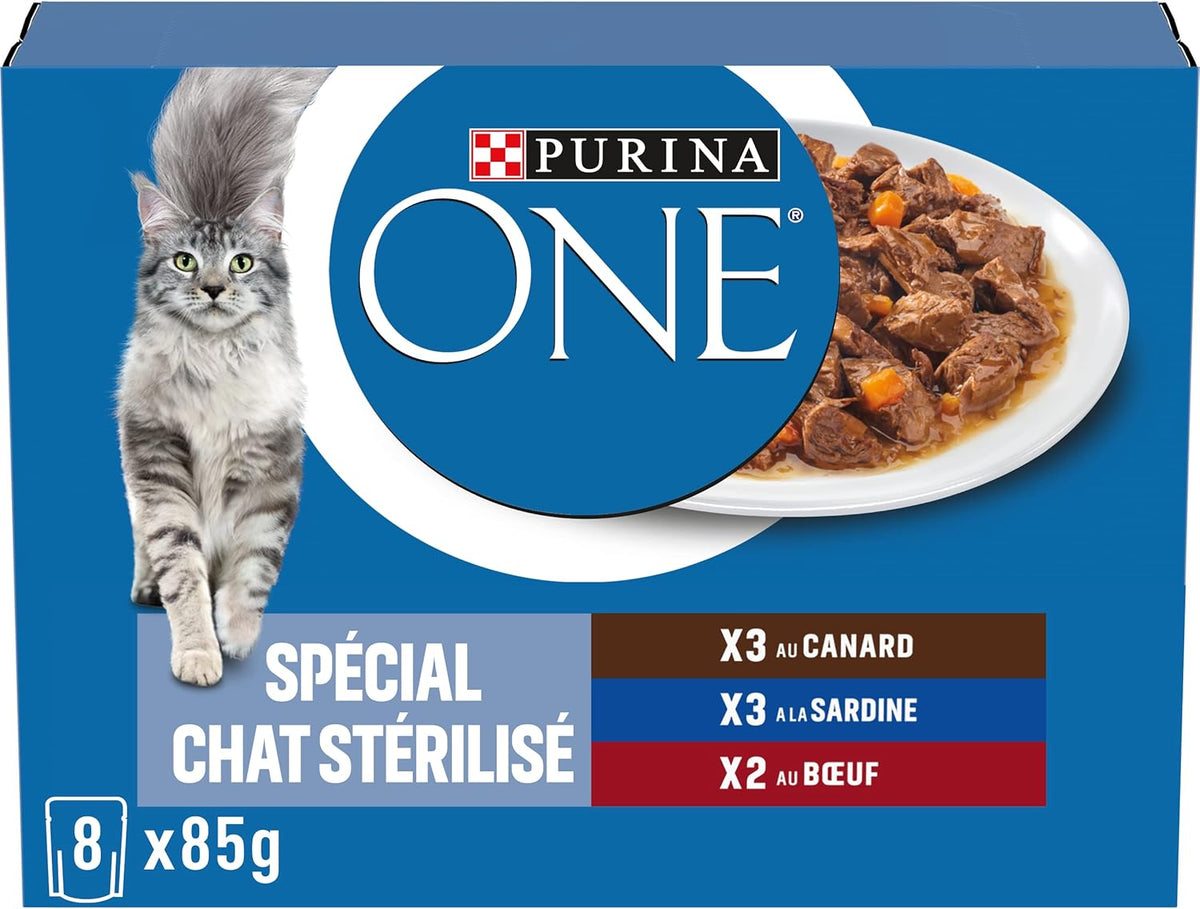PURINA UN | BIFENSIE | Aliments pour chats adultes stérilisés | Soutient la vitalité, les os, les muscles et les articulations du chat | En sauce | Pochettes au canard, sardines, bœuf, fraîcheur | 1 pièce (8x85g)