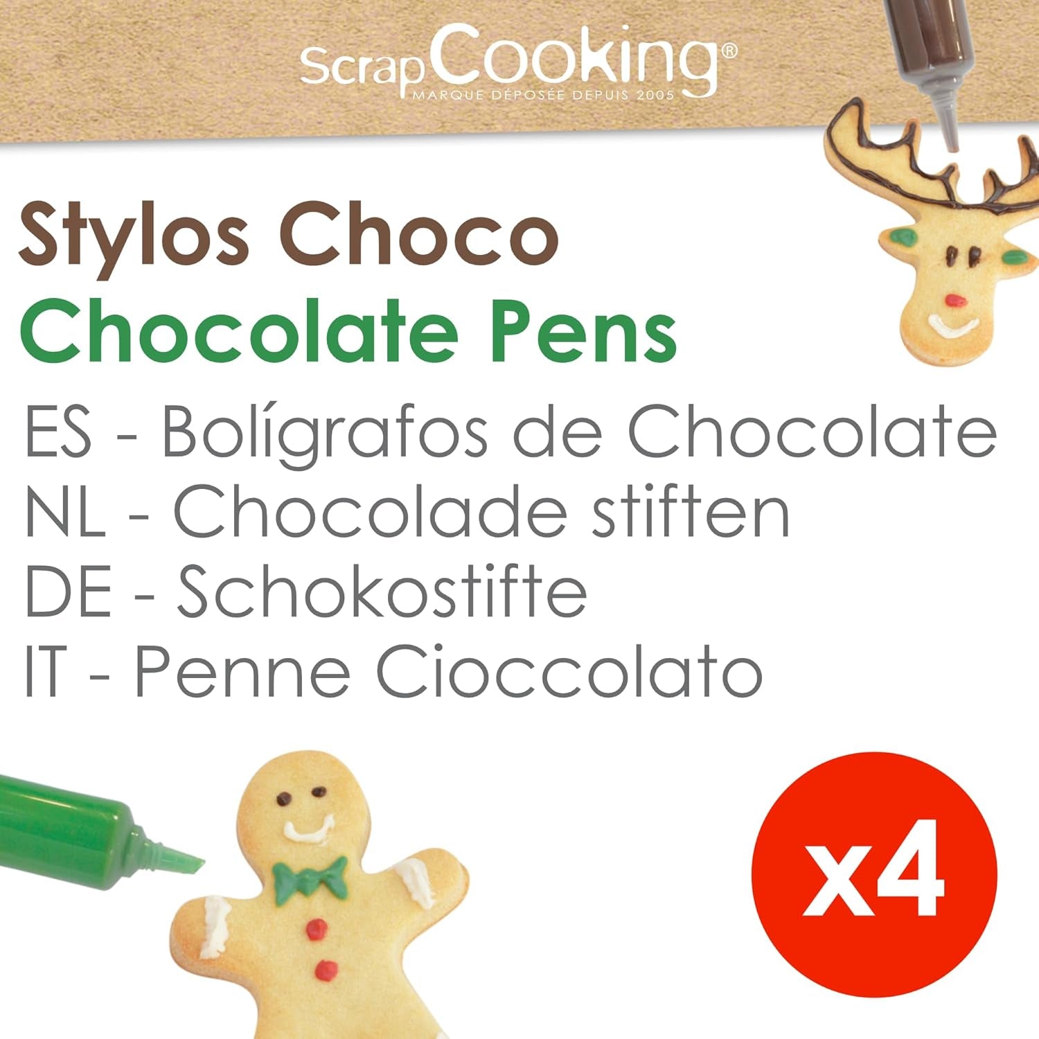 Scrapcooking - Lot de 4 Crayons de Couleur Chocolat de Noël - Marron, Blanc, Vert et Rouge - Colorants Comestibles - Colorant Alimentaire pour Écrire - Écrire et Dessiner sur Desserts, Gâteaux et Biscuits - 7060