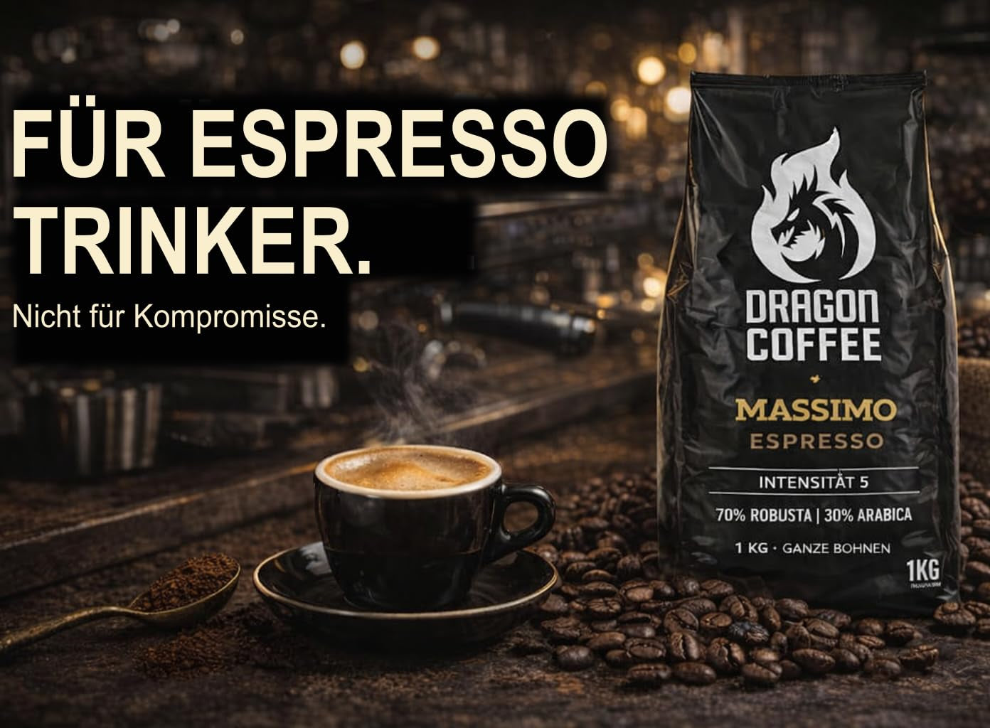 Dragon Coffee Massimo Espresso – Mittlere italienische Röstung | 70% Robusta / 30% Arabica | Café Ganze Bohnen | Crème Intensive | (5x1kg)