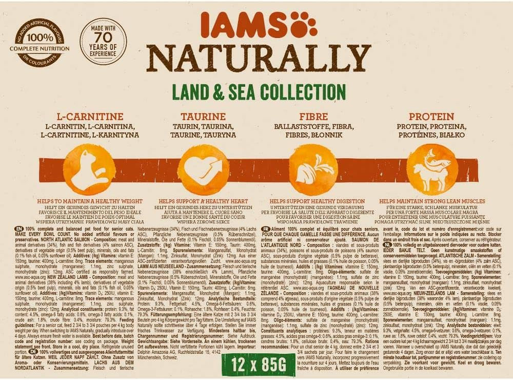 IAMS Naturally Senior Hrană umedă în sos - Hrană umedă de înaltă calitate cu carne și pește pentru pisici mai în vârstă, Colecția Land & Sea, 12 x 85 g