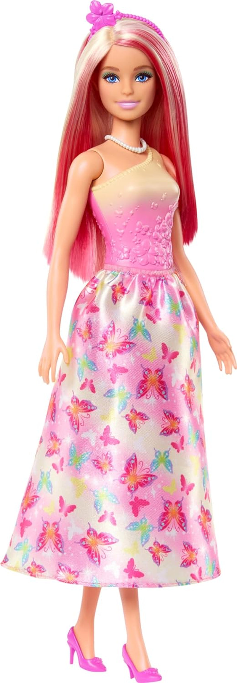 Poupée Barbie Royale avec cheveux blonds et roses fantaisie, accessoires colorés, haut dégradé rose et jupe papillon, HRR08 Naty Shop Dolls Titre par défaut