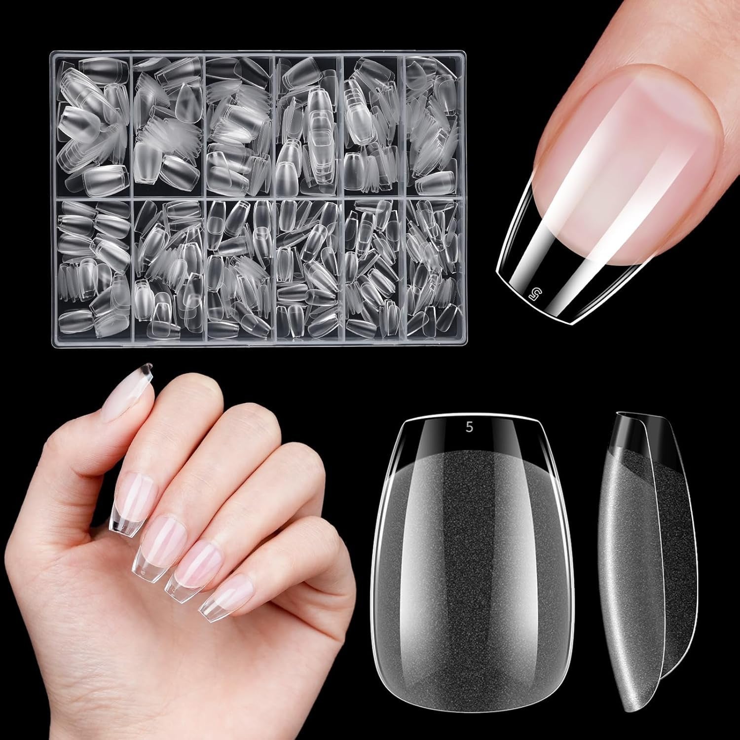 Ongles artificiels courts 500 pièces bouts d'ongles à couverture complète en gel souple pour ongles en gel 12 tailles bouts d'ongles pré-polis pour ongles en gel Ongles artificiels courts Extensions d'ongles de cercueil avec boîte